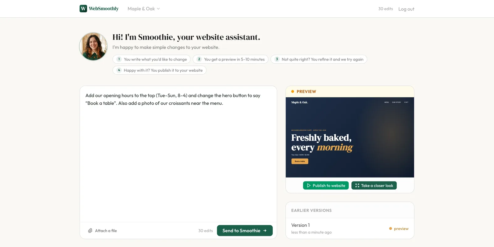 The WebSmoothly dashboard where you describe changes and preview your website